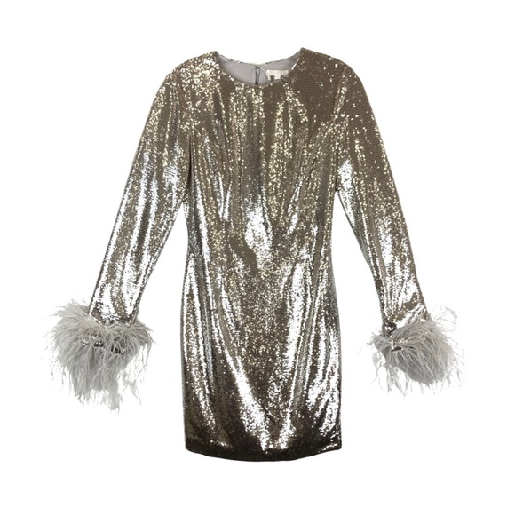 LBV FEATHERED CUFF SEQUIN MINI DRESS - Picture 1 of 5